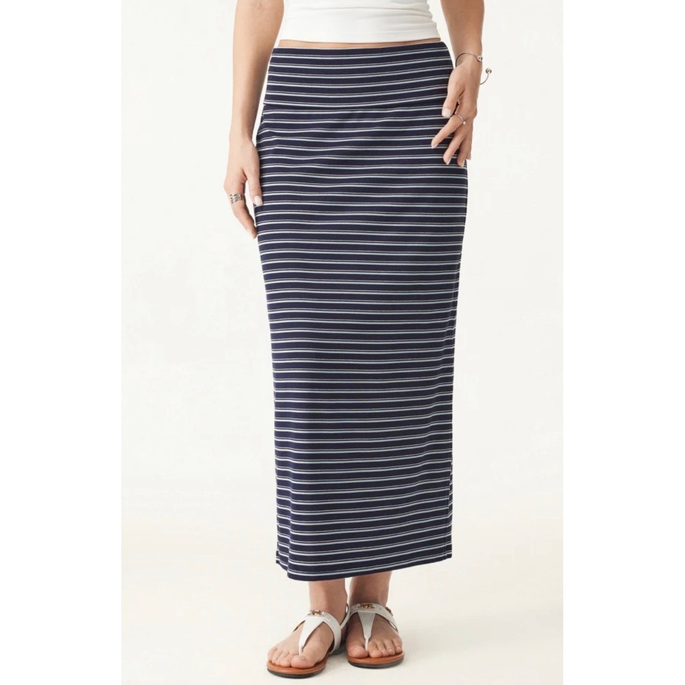 OGL Women's Low Rise Folded Waist Navy White Striped Midi Skirt S Small New